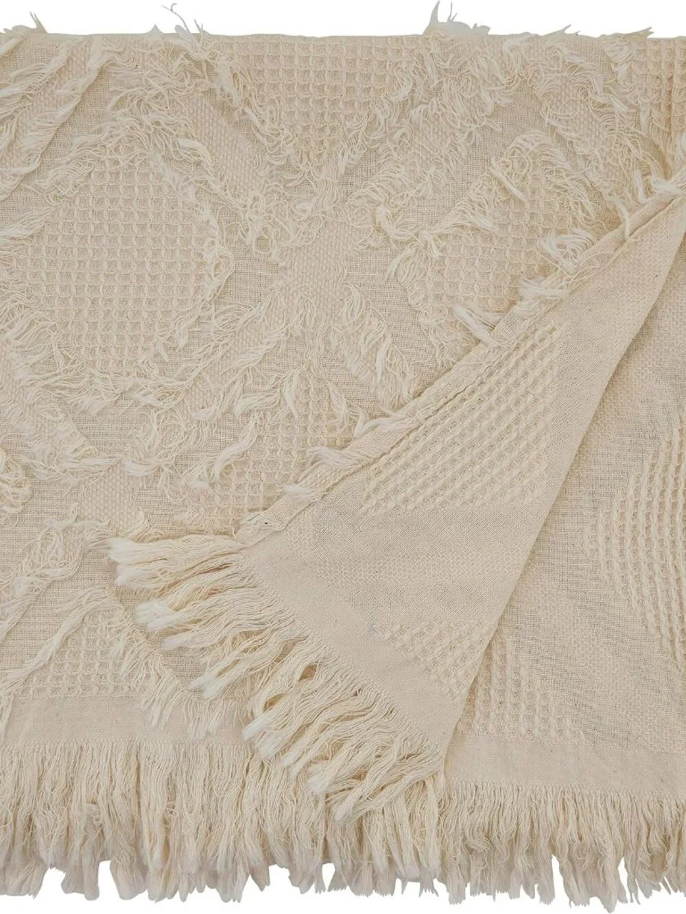 SARO 16 X 72 in. Oblong Waffle Weave Table Runner with Ivory Fringe
